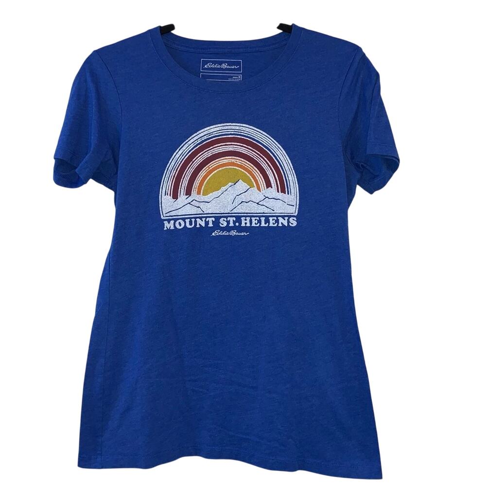 Eddie Bauer Mount St Helens Graphic Tee‎ Small Blue Retro Rainbow Outdoors Shirt